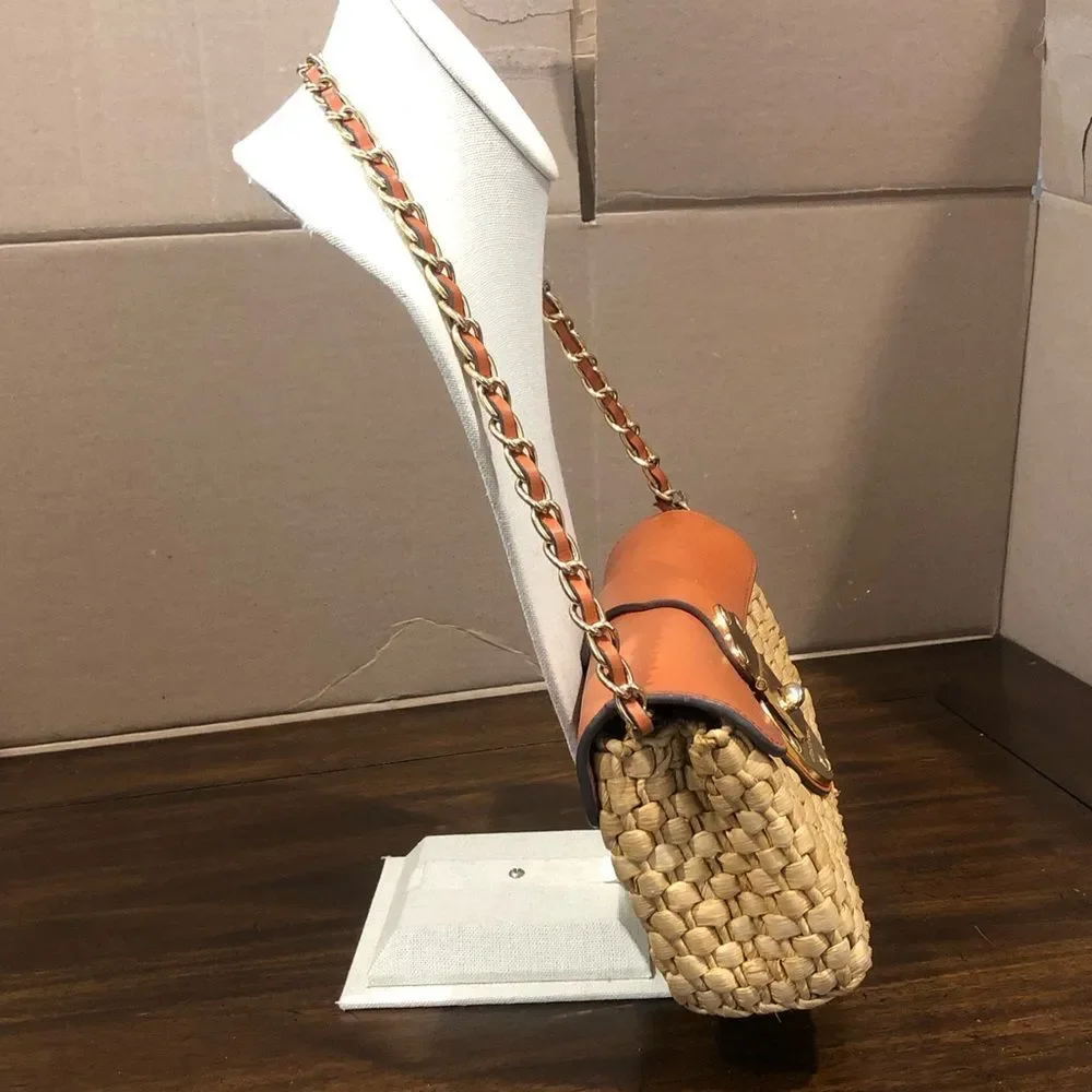 Vintage MICHAEL KORS Rattan Leather Clutch Gold Turn Lock Chain & Leather Strap